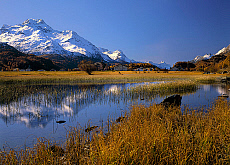 2001-212246-01 &copy; eStock Switzerland, Engadin, Graubunden, Lake Silvaplana and Sils-Maria village towards Piz la Margna mountain.