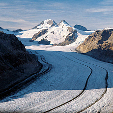 2001-212265-01 &copy; eStock Switzerland, Valais, View from Eggishorn mountain towards Aletsch glacier, Jungfrau Eiger and Monch mountain.